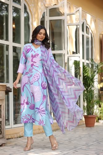 ANNI DESIGNER Womens Cotton Blend Straight Printed Kurta with Pant & Dupatta (Sohini Light Blue_S_Light Blue_Small)