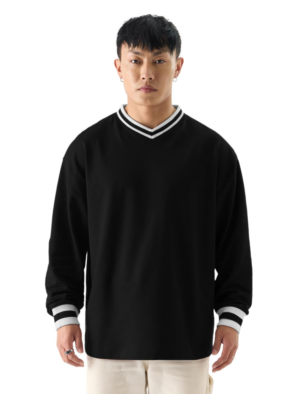 The Souled Store Solids: Black Men and Boys V-Neck Full Sleeve Oversized Fit T-Shirts Oversized Mens T-Shirts Solid Basic Tees 