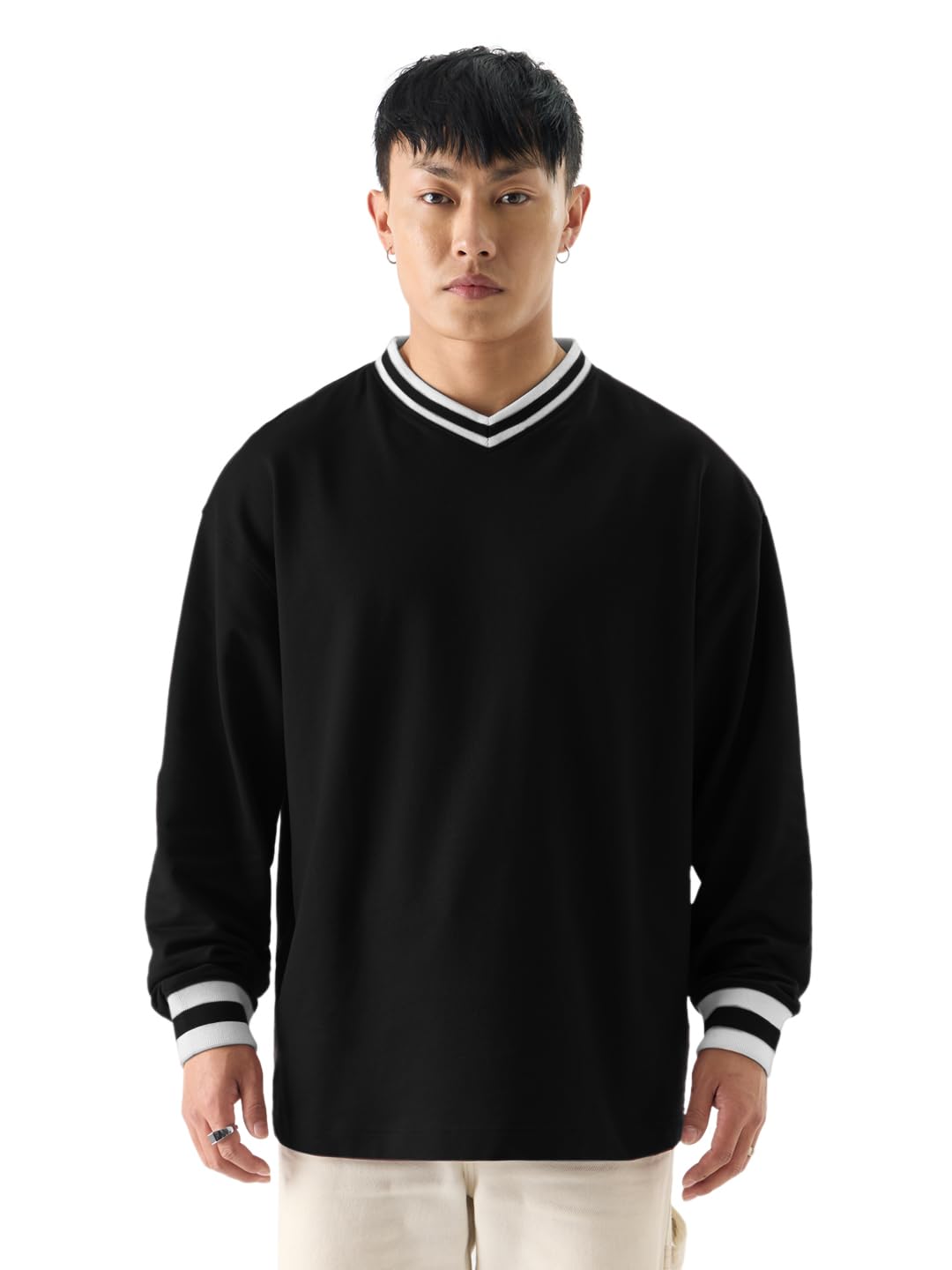 The Souled Store Solids: Black Men and Boys V-Neck Full Sleeve Oversized Fit T-Shirts Oversized Mens T-Shirts Solid Basic Tees 