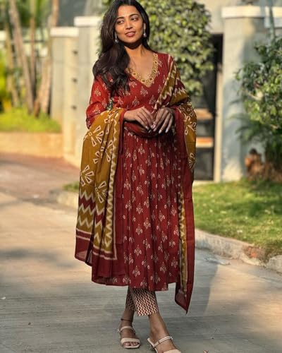 ANNI DESIGNER Womens Rayon Blend Anarkali Printed Kurta with Pant & Dupatta (Nirmal Maroon_L_Maroon_Large)