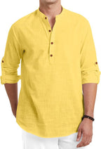 Macsivo MenS Cotton Polyester Blend Solid Regular Fit Full Sleeve Short Kurta | Lightweight Summer Short Kurta Yellow