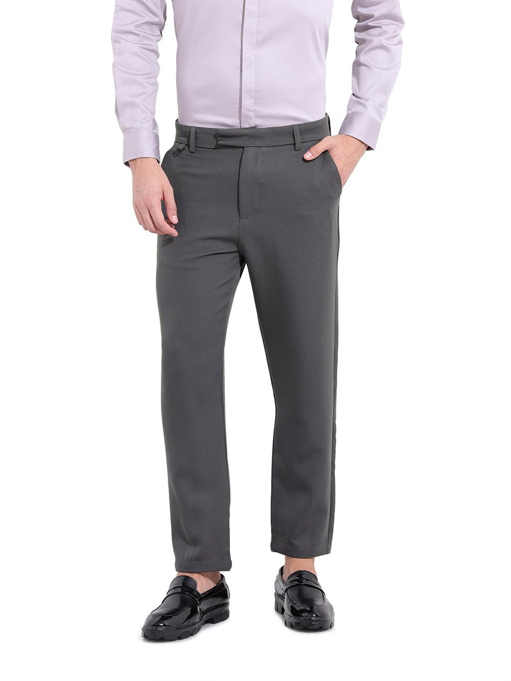 The Indian Garage Co Mens Slim Fit Solid Mid-Rise Stretchable Smart Casual Trousers Pants