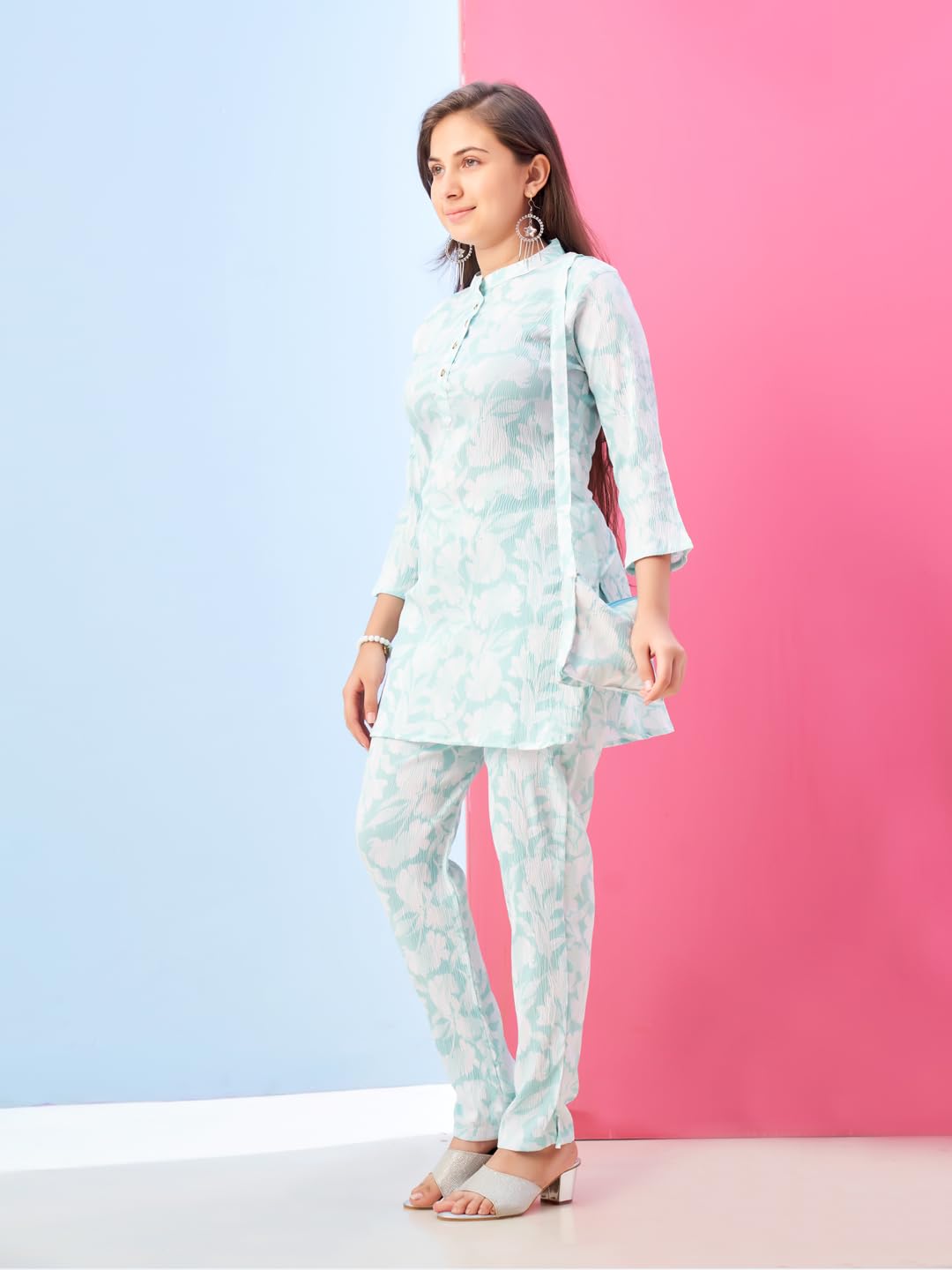 Aarika Girls Casual Wear Sea Green Colour Floral Print Polyester Co-ord Set-8-15 Years (KP-TR-K-967)