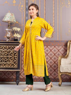 Aarika Girls Ethnic Wear Yellow-Dark Green Colour Foil Print Rayon Kurti Pant Set-8-15 Years (Kp-Sd-5826)