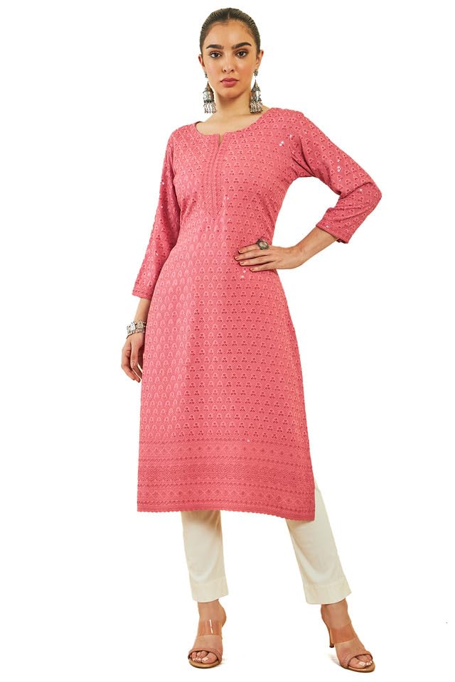 Soch Womens Onion Pink Rayon Sequin Embroidered Boat-Neck Straight Kurta