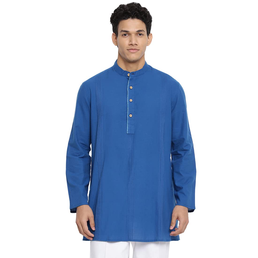 Fabindia Men Cotton Pintucks Short Kurta Blue_S