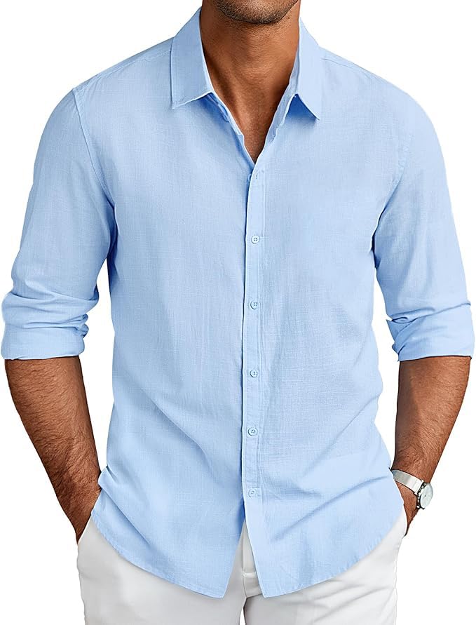 CB-COLEBROOK Mens Long Sleeve Button Down Shirts Casual Cotton Linen Shirts Summer Beach Shirt for Mens Top (in, Alpha, XL, Reg
