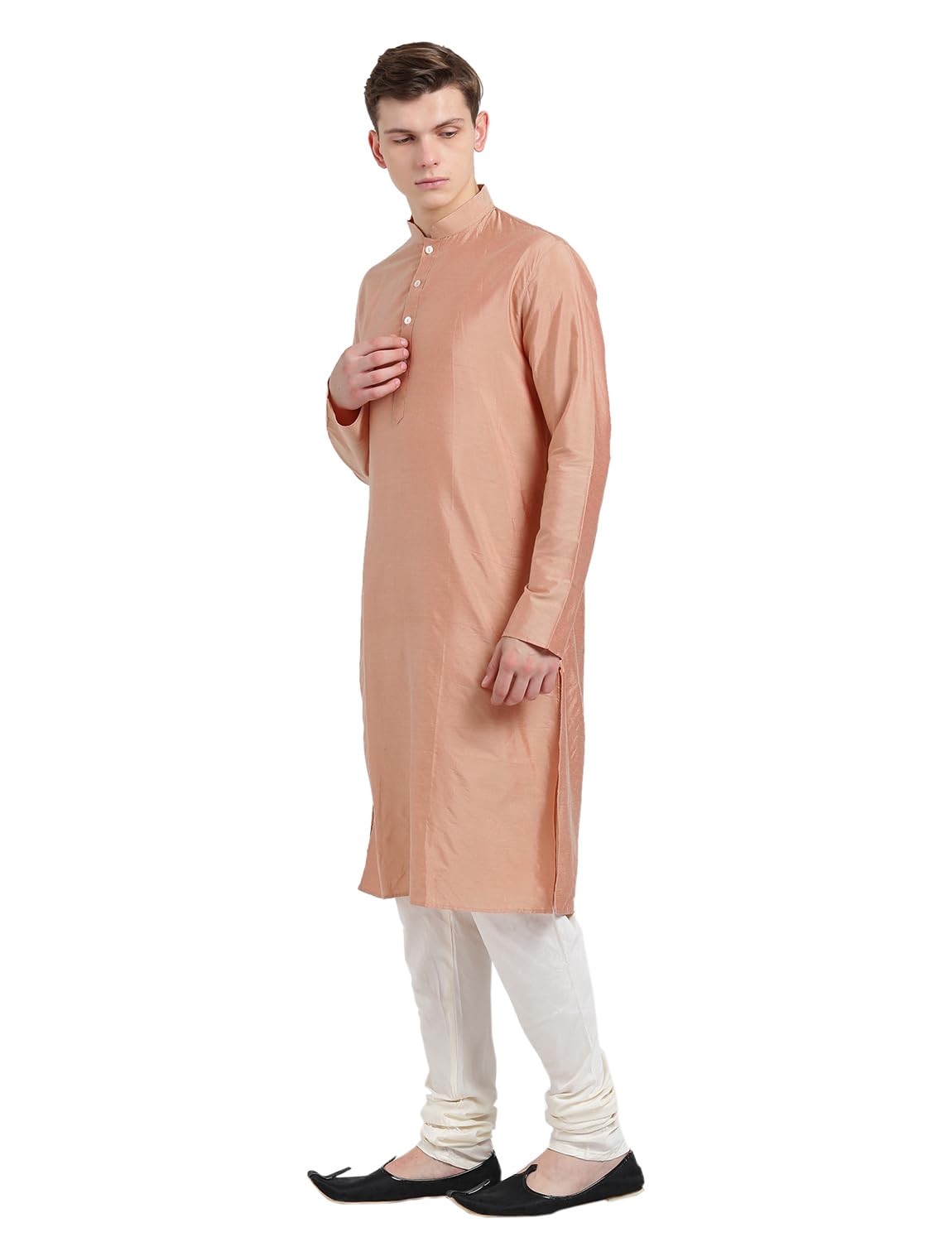 Kisah Men Peach-Coloured Solid Banarasi Straight Kurta Full Sleaves, Knee Length, Straight, Regular Fit, Mandarin Collar Ethnic