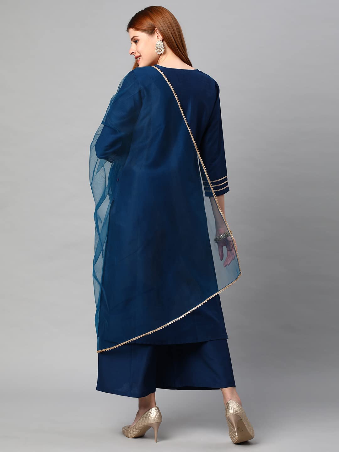 ANNI DESIGNER Womens Cotton Blend Solid Straight Kurta with Palazzos & Dupatta (DHARAN-Cerosin_M_Dark Blue_Medium)