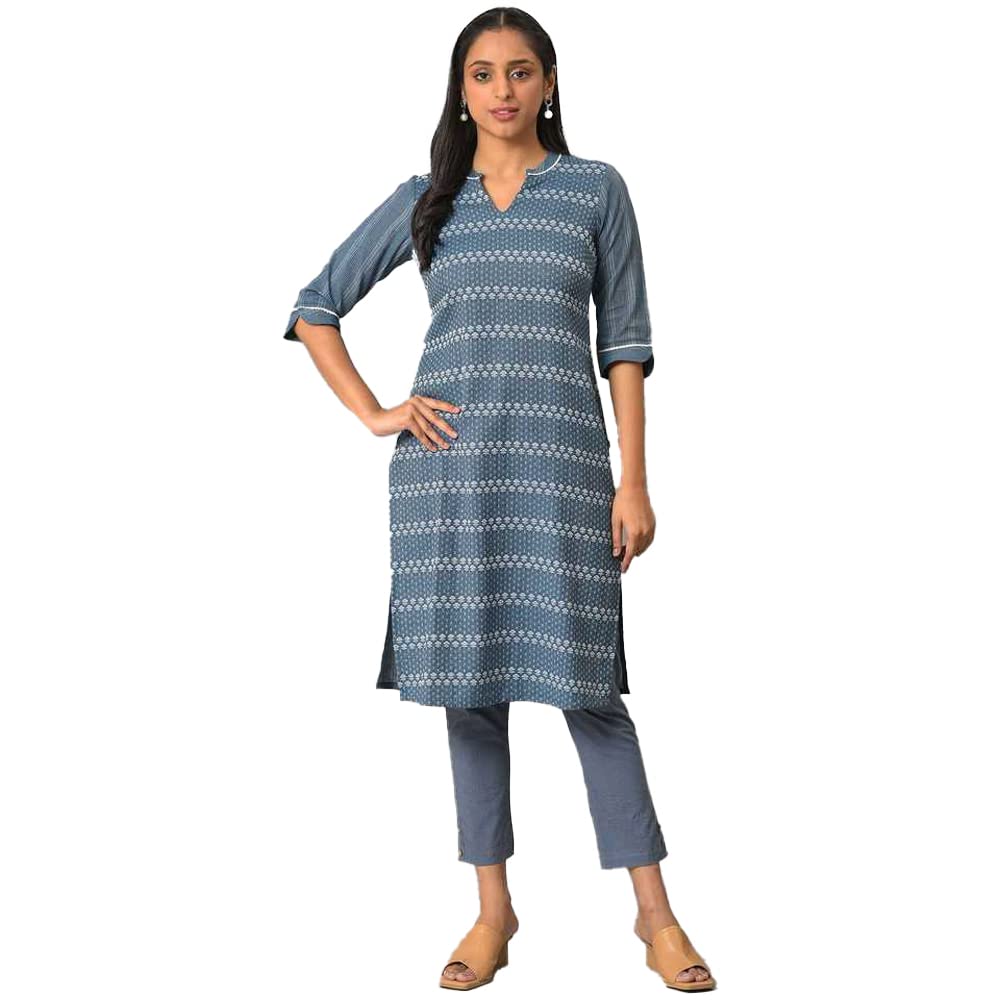 Aurelia Womens Cotton Solid Regular Blue Floral Printed Straight Kurta (23FEA13935-703844