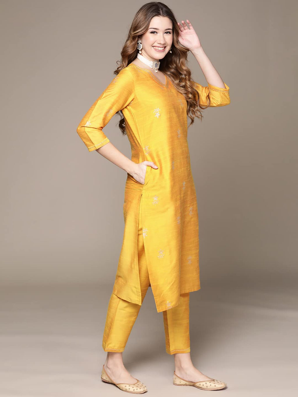 anubhutee Womens Cotton Yellow Ethnic Motifs Printed Straight Kurta Suit Set With Pants