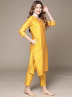 anubhutee Womens Cotton Yellow Ethnic Motifs Printed Straight Kurta Suit Set With Pants