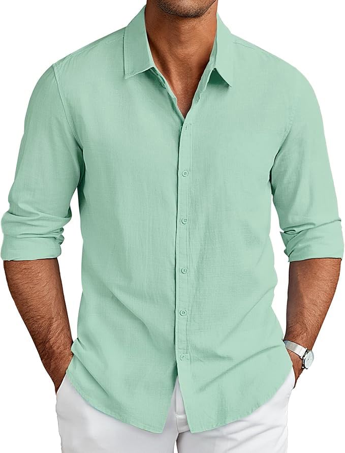 CB-COLEBROOK Mens Long Sleeve Button Down Shirts Casual Cotton Linen Shirts Summer Beach Shirt for Mens Top (in, Alpha, XL, Reg