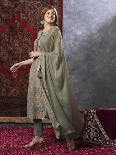ANNI DESIGNER Womens Rayon Blend Printed Straight Kurta with Pant & Dupatta (VICE Grey-VKS02_S_Grey_Small)