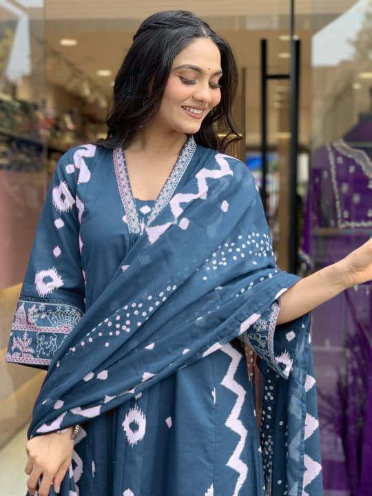 Lookmark WomenS Cotton Blend Zigzag And Dotted Print Kurta Plazzo Set With Dupatta Suitable For Every Indian Occasion (Az-Lm-Og