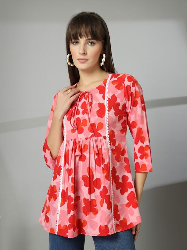 OOMPH! Lace Border,Kashmiri Tunic Top, Short Kurti for Women on Jeans, V-Neck, 3/4 Sleeve, Floral Design Baby Pink