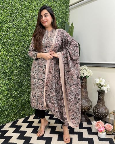 ANNI DESIGNER Womens Rayon Blend Straight Printed Kurta with Pant & Dupatta (VAARAHI Black_XXL_Black_XX-Large)