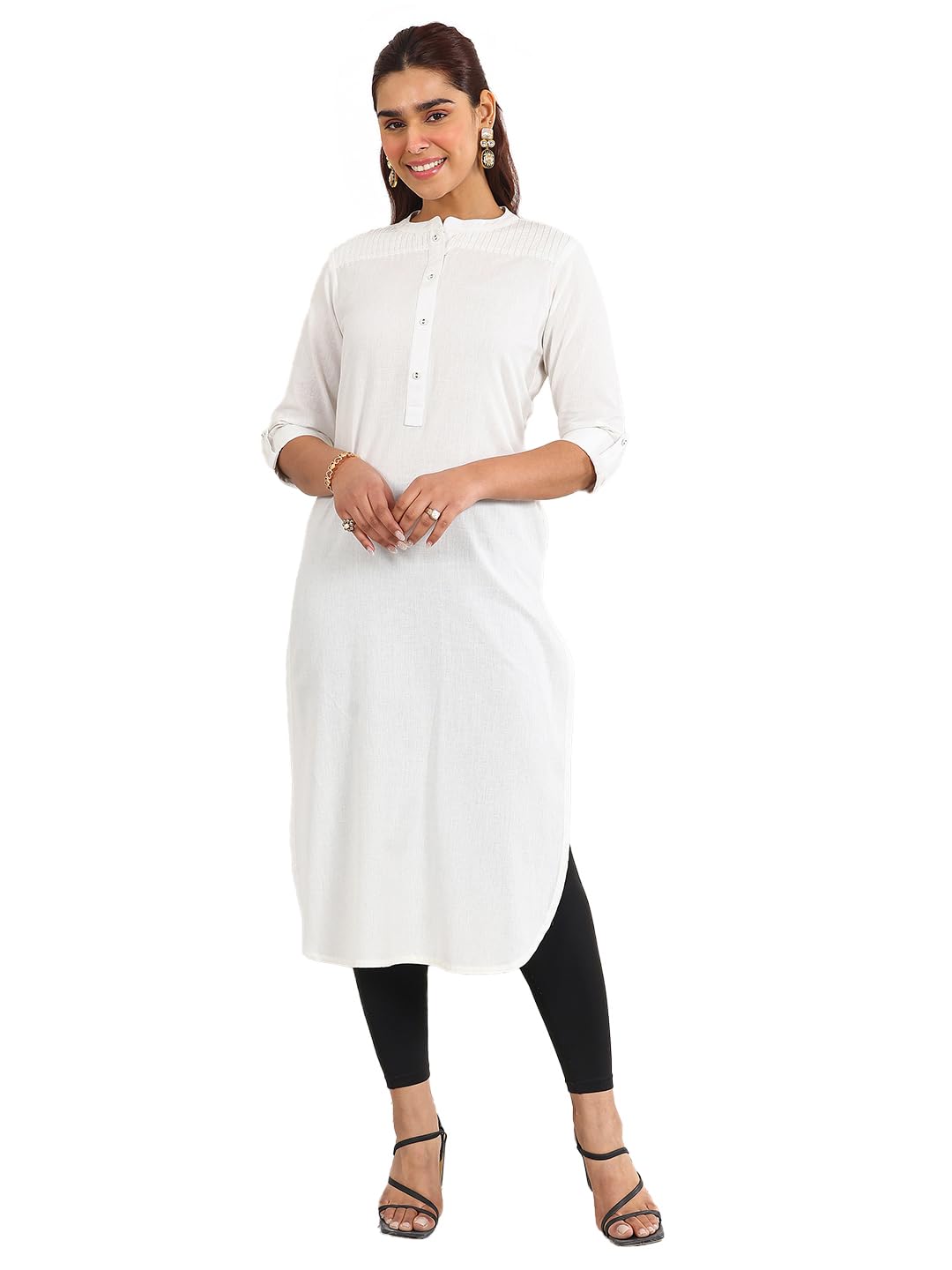 Libas Womens Solid Cotton Blend Straight Kurta For Women White