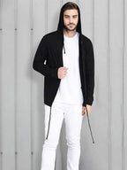 Rigo Men Black Hooded Long Sleeves Cotton Slim Fit Open Long Cardigan | Full Sleeves Shrug for Men