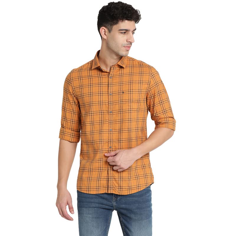 Turtle Men Orange Cotton Checked Slim Fit Casual Shirts