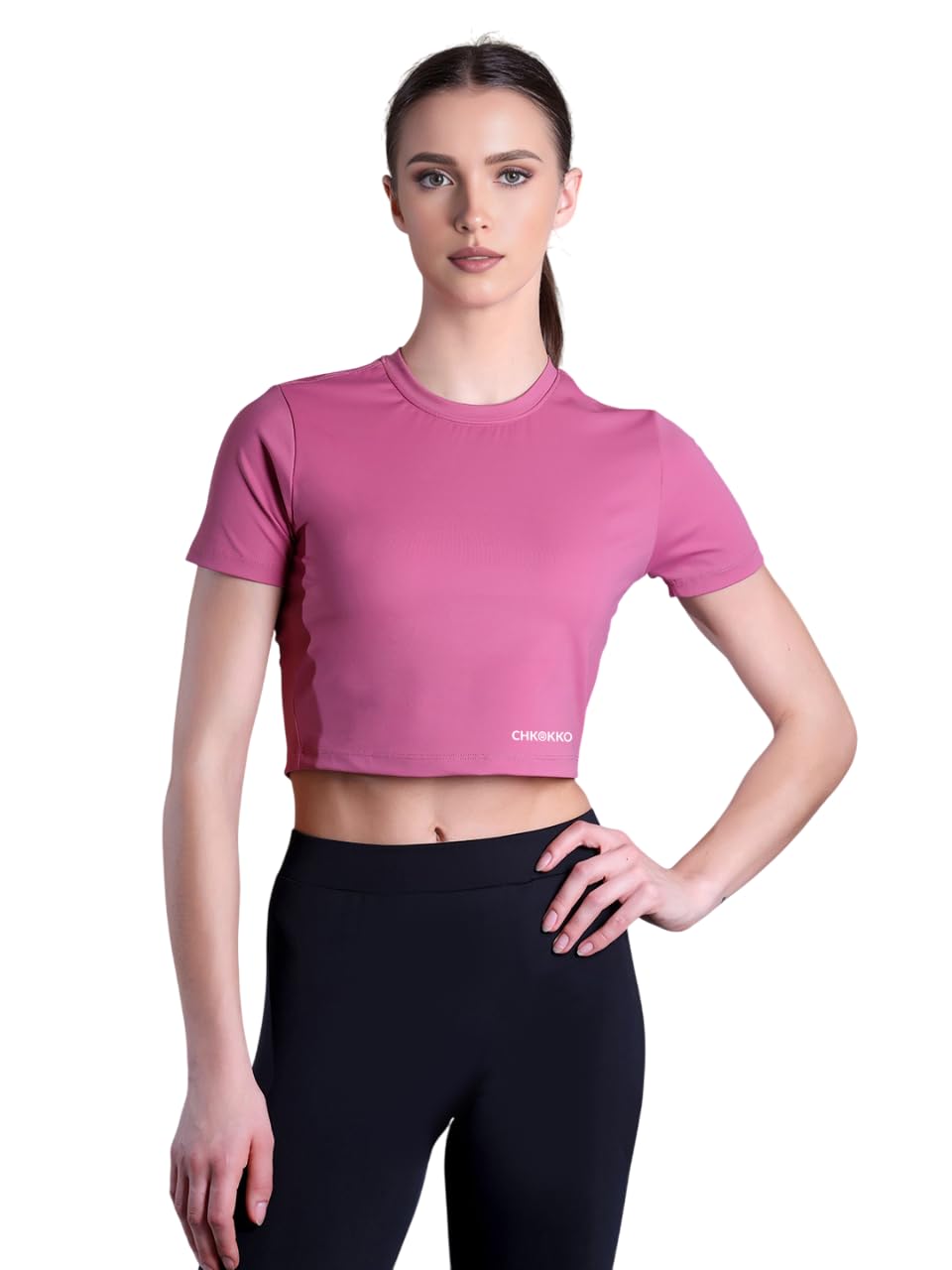 Chkokko WomenS Active Crop Top Solid Color Short Sleeve Crew Neck Regular Fit Stretchable TShirt For Workout Yoga Travel Anthr 3
