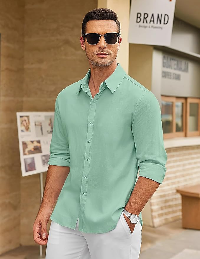 CB-COLEBROOK Mens Long Sleeve Button Down Shirts Casual Cotton Linen Shirts Summer Beach Shirt for Mens Top (in, Alpha, XL, Reg