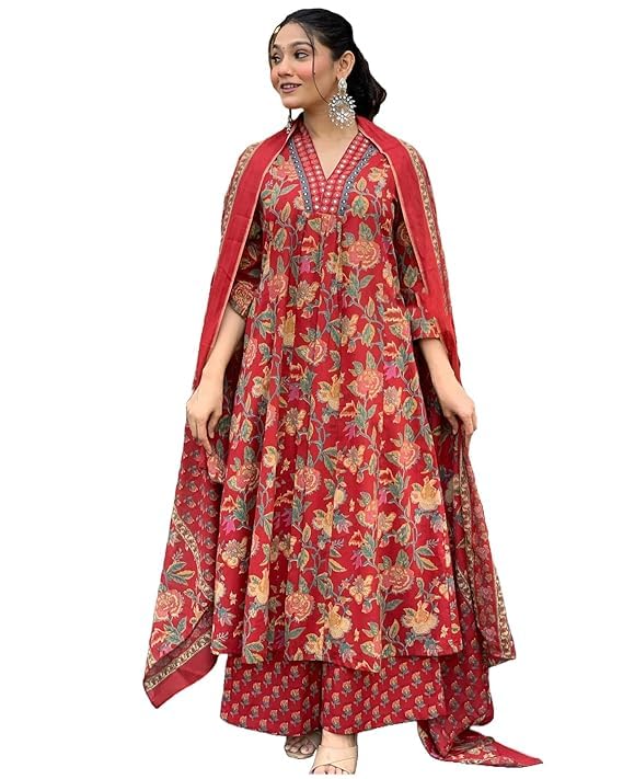 Meera Fab WomenS Cotton Blend Anarkali Printed Kurta With Palazzo & Dupatta Maroon 7