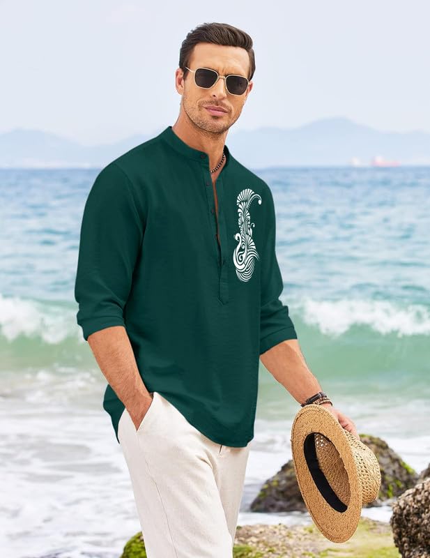 Finivo Fashion MenS Printed Cotton Blend Short Kurta With Artistic Chest Design | Stylish Full Sleeve Casual Kurta With Mandarin