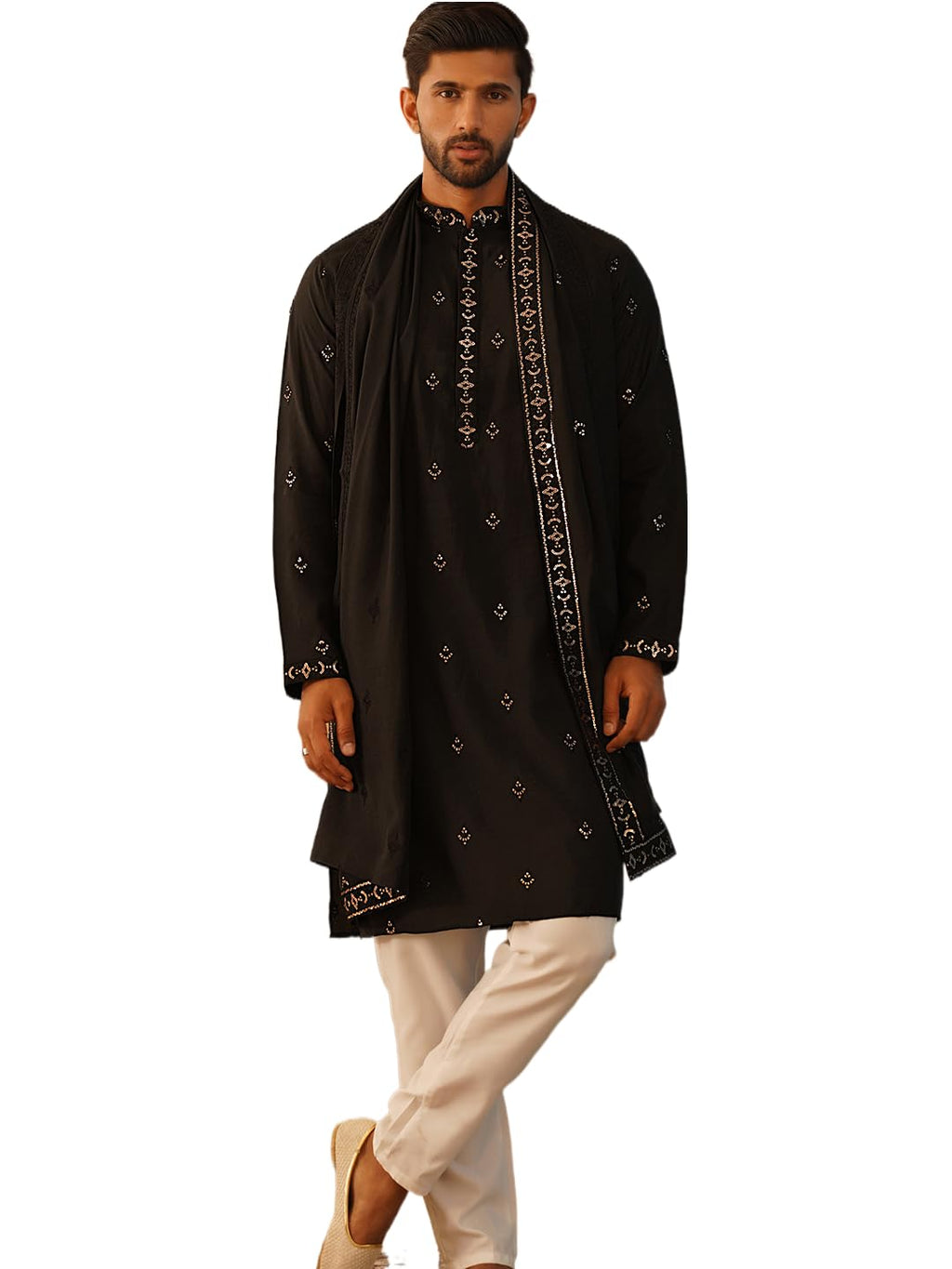 Jompers Mens Embroidered & Sequin Kurta Pyjama Set With Dupatta