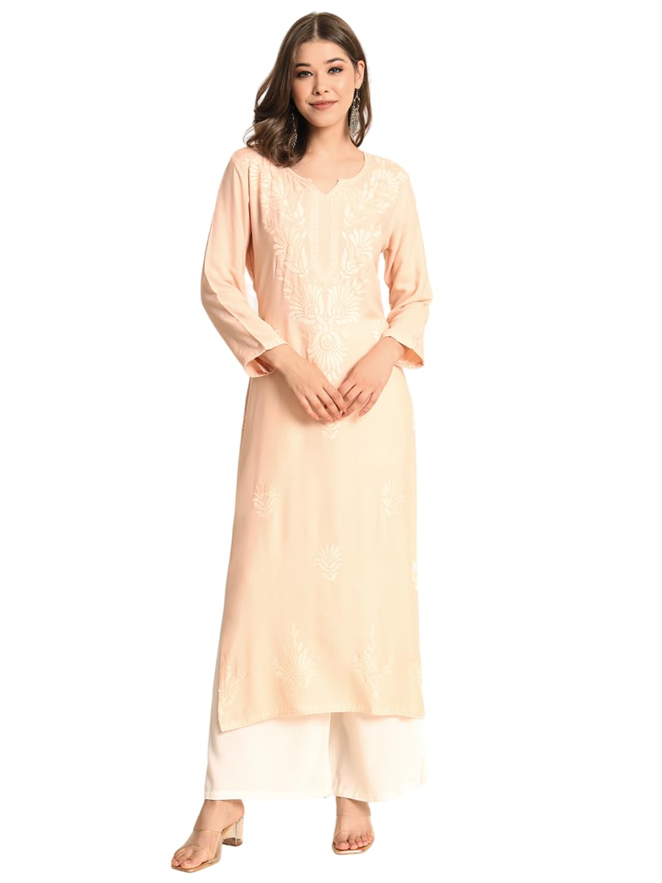VAIRAGEE Womens Rayon Straight Cut Round Neck Kurta with Beautiful Lucknowi Chickenkari Work (1593) Peach