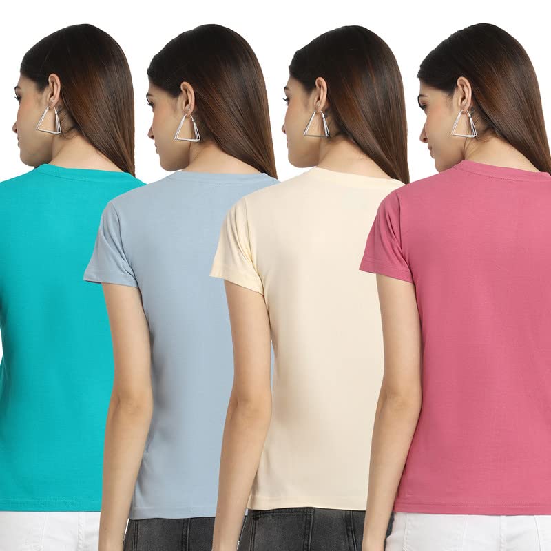 Preneum Womens Cotton Regular Fit Latest Graphic Stylish Printed Short Sleeves Casual T-Shirt || Latest Style (Pack 4), Blue &