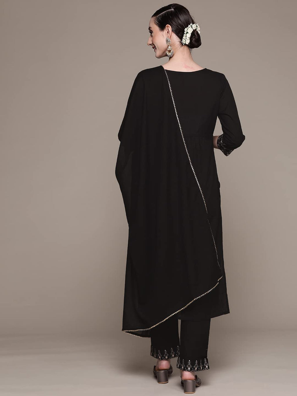Ishin WomenS Cotton Black Embroidered A-Line Kurta Set With Trouser & Dupatta