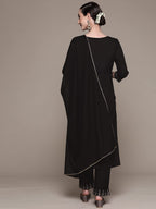 Ishin WomenS Cotton Black Embroidered A-Line Kurta Set With Trouser & Dupatta