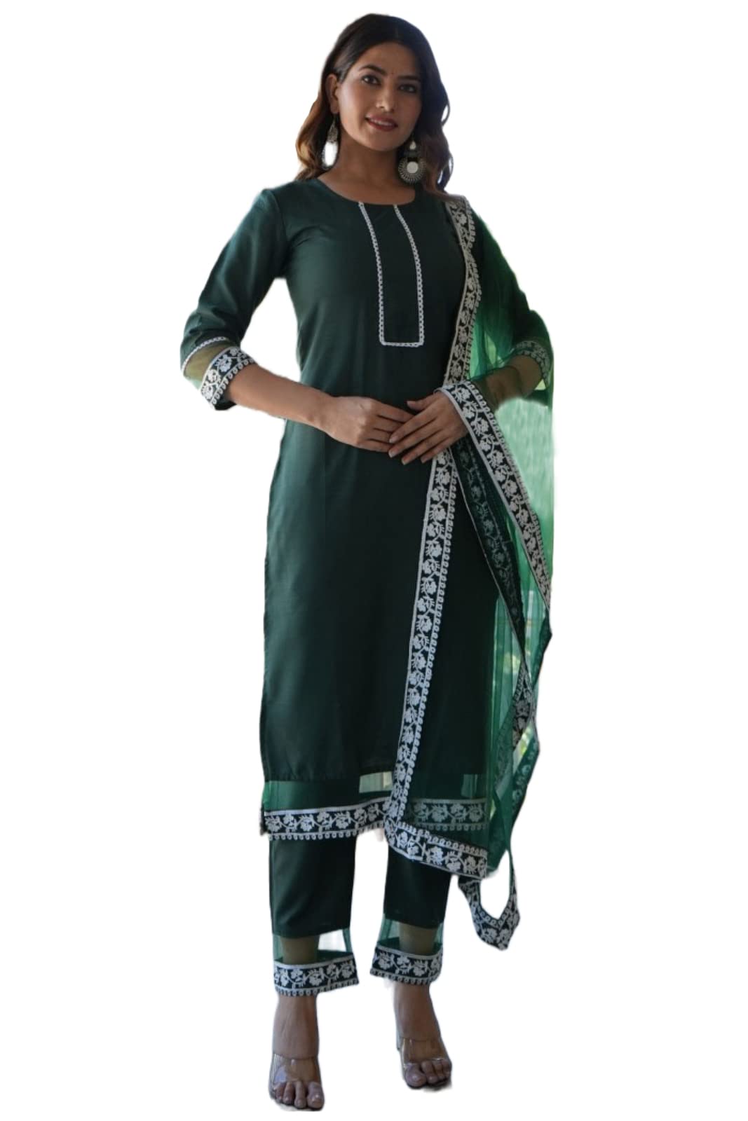 ANNI DESIGNER Womens Cotton Blend Straight Solid Kurta with Pant & Dupatta (House Green-Jan40_XXL_Green_XX-Large)
