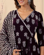 Tee Projekt WomenS Cotton Blend V-Neck Anarkali Kurta Pant With Dupatta Set Ll Floral Kurta Set For Women Purple