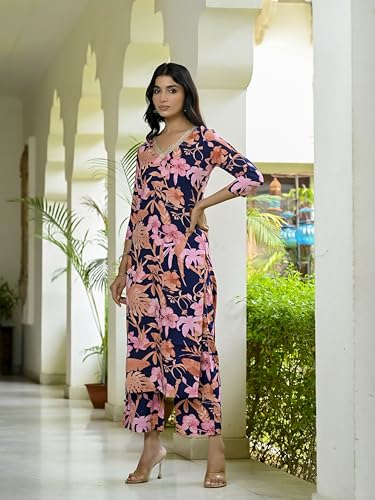 ANNI DESIGNER Womens Cotton Blend Straight Printed Kurta with Palazzo (Chinki Navy_M_Navy_Medium)