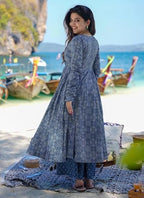 ANNI DESIGNER Womens Rayon Viscose Anarkali Printed Kurta with Palazzo & Dupatta (Sinners Blue_M_Blue_Medium)