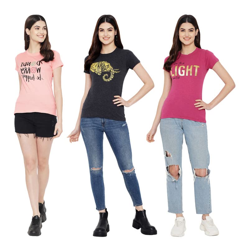 Preneum Womens Cotton Regular Fit Latest Graphic Stylish Printed Short Sleeves Casual T-Shirt || Latest Trendy & Styling (Pack