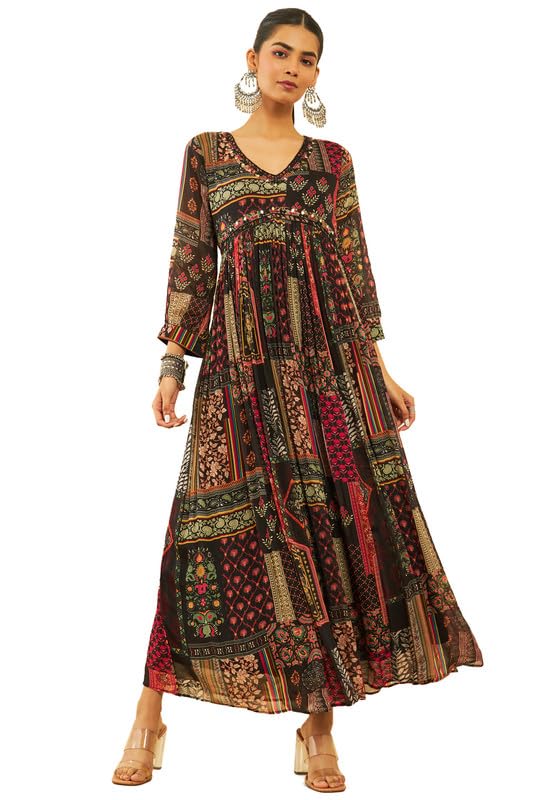 Soch Women Chinon Tile Printed Ethnic Dress with Mirror Work