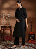 Libas Womens Silk Blend Solid Kurta Set (39042_Black