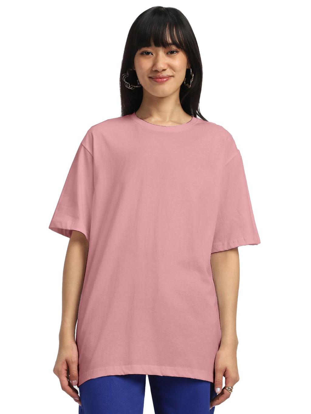 Juneberry Pure Cotton Oversized Baggy Fit Half Sleeve Drop Shoulder Plain Solid Round Neck T-Shirt For Women (Jb_Os_100_Pink66_X