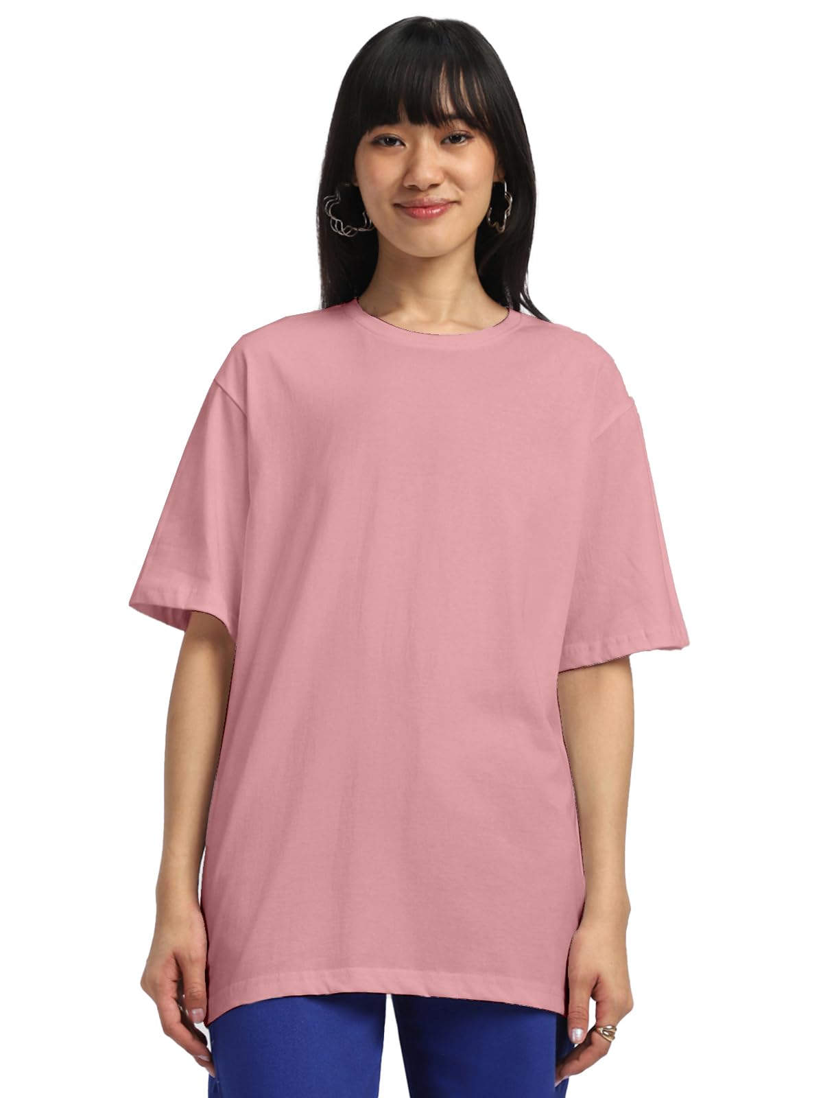 Juneberry Pure Cotton Oversized Baggy Fit Half Sleeve Drop Shoulder Plain Solid Round Neck T-Shirt For Women (Jb_Os_100_Pink66_X