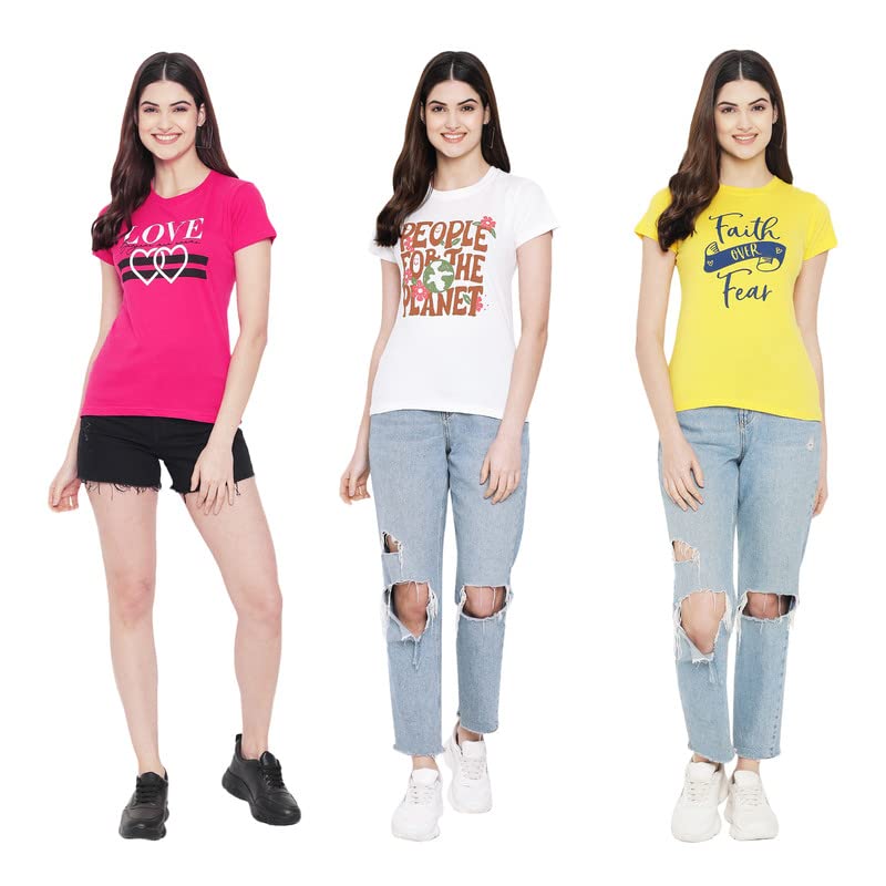 Preneum Womens Cotton Regular Fit Latest Graphic Stylish Printed Short Sleeves Casual T-Shirt || Trendy & Styling (Pack 3), Pin