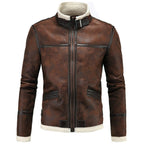 AOWOFS Men's Faux Leather Jacket Brown Motorcycle Bomber Shearling Suede Stand Collar