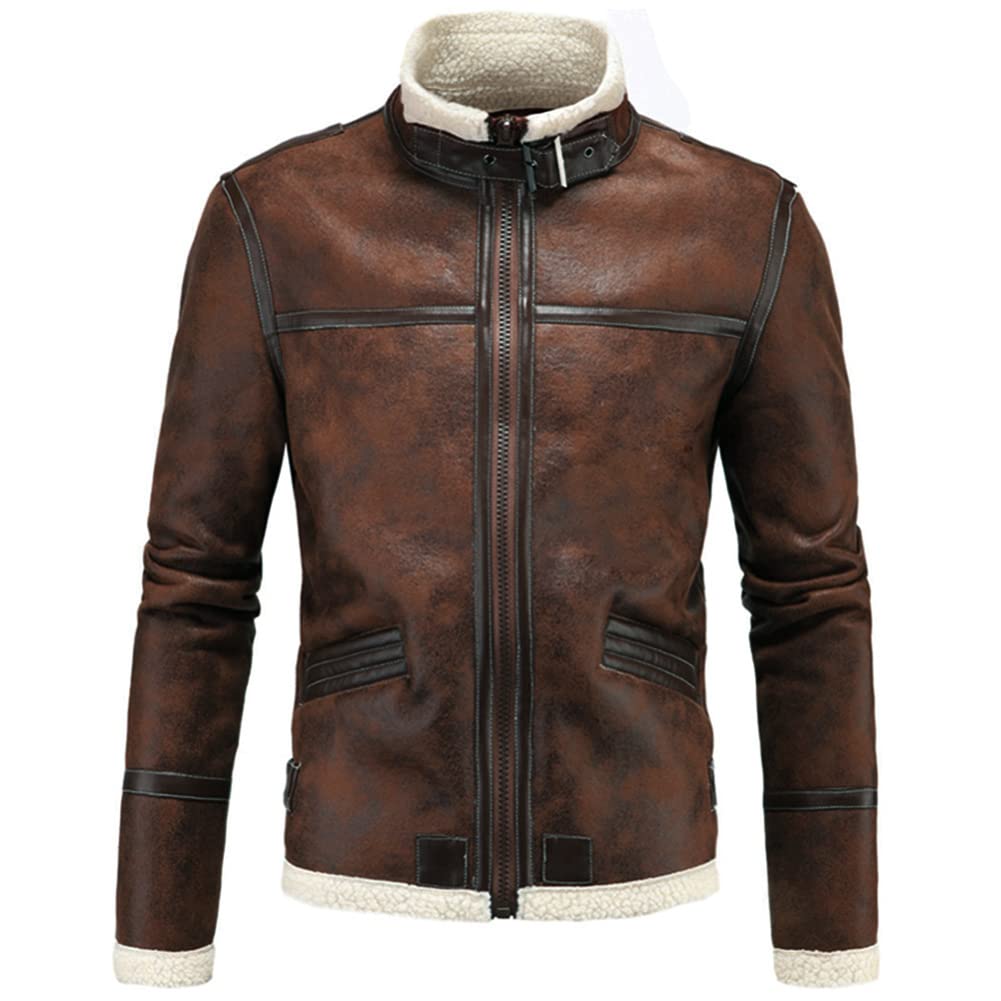 AOWOFS Men's Faux Leather Jacket Brown Motorcycle Bomber Shearling Suede Stand Collar