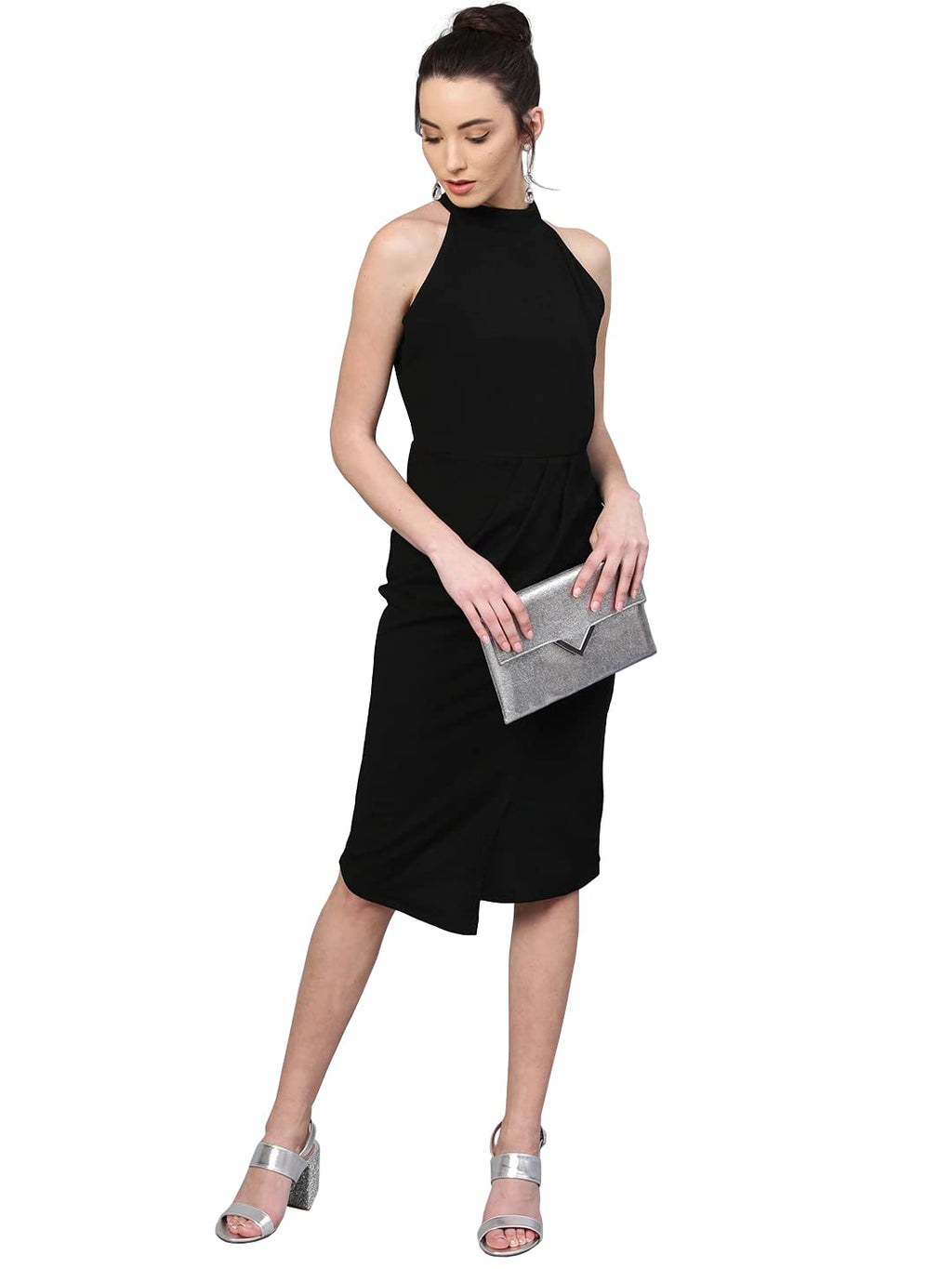 Shasmi Polyester Blend Bodycon Knee-Length WomenS Elegant Halter Neck Pleated Flounce Sleeveless Midi Dress (Dresses For Tops_B