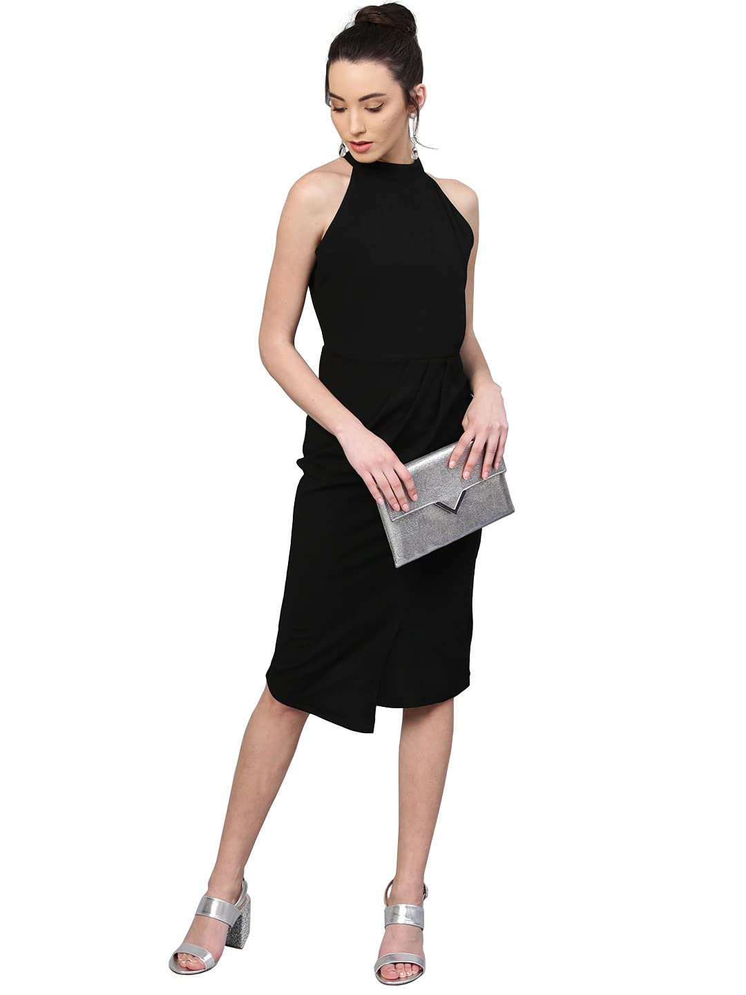Shasmi WomenS Comfortable Black Halter Neck Sleeveless Solid Midi Bodycon Casual Western Stylish Dress For Womens/Midi Dress Fo