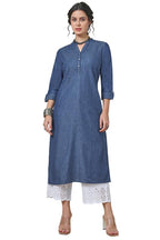 Soch Womens Indigo Mandarin Collar Textured Cotton Blend Kurta