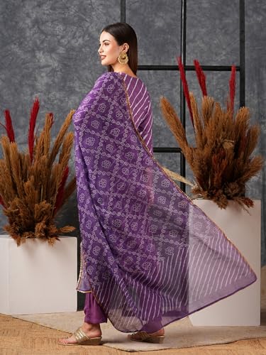 ANNI DESIGNER Womens Cotton Blend Straight Printed Kurta with Pant & Dupatta (Doremi Purple-NW_S_Purple_Small)