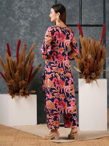 ANNI DESIGNER Womens Cotton Blend Straight Printed Kurta with Palazzo (Chinki Blue_S_Blue_Small)